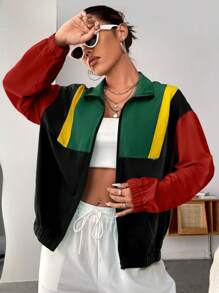 SHEIN EZwear 春季拼色落肩拉链夹克秋冬 - 彩色 - 查看 5