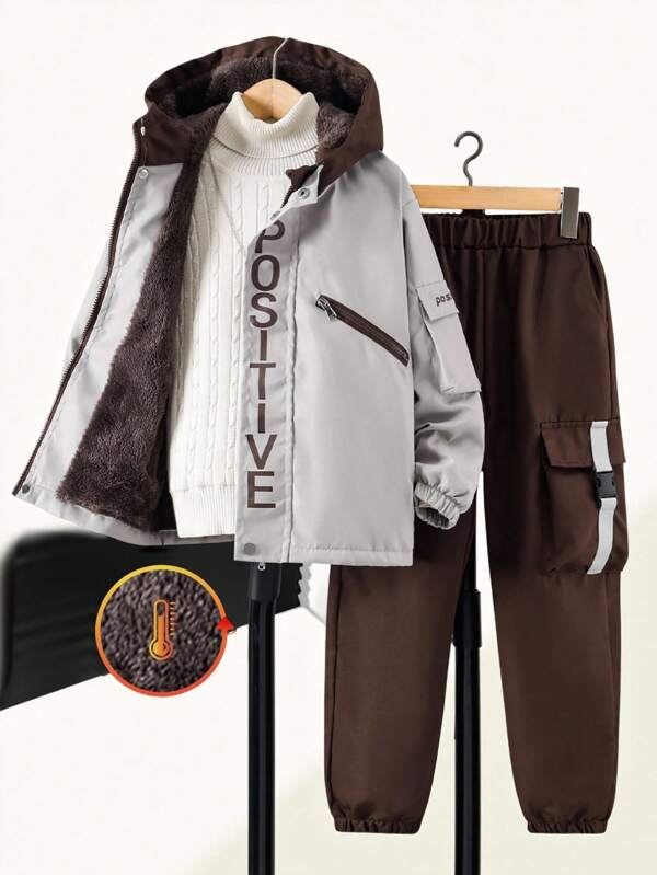 SHEIN 2 Stücke/Set Tween Junge Casual Outdoor Gedruckt Patchwork Warm Gefüttert Set, Herbst/Winter