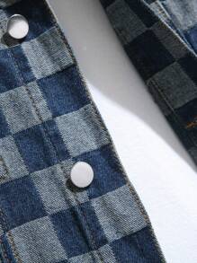 Manfinity Homme 男士长袖格子单排扣休闲牛仔夹克，秋季款 - 中等水洗藍 - 查看 3