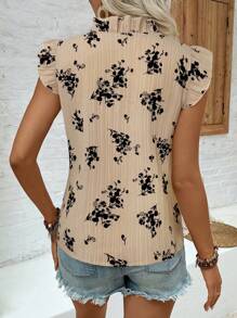 EMERY ROSE Casual Holiday Everyday V-Neck Floral & Wave Printed Ruffle Trim Ladies Shirt - Apricot - View 2