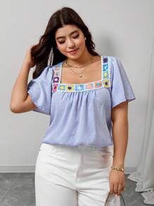 Elenzga Plus Size Summer New Floral Patchwork French Square Collar Pullover Sweater For Women, Fashion Chic Striped Short Sleeve T-Shirt For Women, Fashionable Unique Summer Baggy Smock Top Blouse For Plus Size Figure