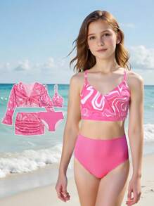 女童渐变波浪印花比基尼套装，4 件套泳衣套装，带罩裙，适合海滩度假，夏季 - 玫紅色 - 查看 5