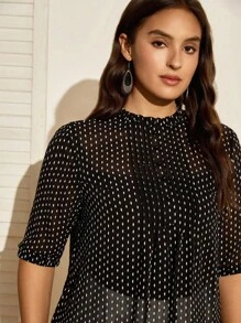 Nubod Áo cánh rộng in chấm bi thiết kế nút cho nữ cỡ lớn - màu đen - Xem 1
