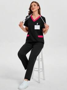 V-Neck Contrast Color Blocked Multi Pocket Short Sleeve Top & Pant Women Scrubs Uniform - Black - View 5