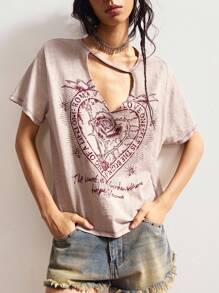 Bohemela Autumn/Winter Boho Independence Day Vintage Casual Solid Color Knit Short Sleeve Loose Washed Women Graphic T-Shirt - Pink - View 4