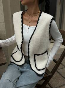 Siren Gaze Veste sans manches femme avec bordure contrastée et poches, veste d'extérieur sans manches avec bordure noire, vintage, rentrée scolaire, automne, hiver