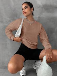 EURMUSE Cotton Solid Drop Shoulder Sweatshirt - Mocha Brown - View 5