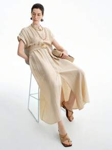 Aalyst 女士亚麻杏仁色金属扣腰短袖衬衫裙，简约长裙 - 杏色 - 查看 6