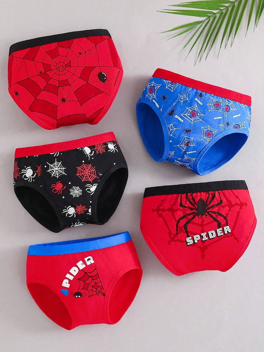 Set de 5 calzoncillos tipo bóxer de algodón con estampado de araña, transpirables, para niños pequeños