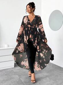 Elenzga 大码女式 2 件套优雅黑色背景大花雪纺长袖 V 领摆束腰上衣和紧身打底裤服装 - 彩色 - 查看 7