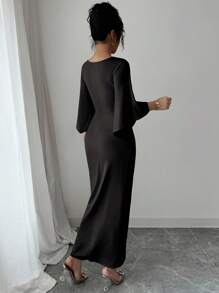 Elenzga 女士优雅针织V领扭纹设计蝙蝠袖中长连衣裙 - 黑色 - 查看 2