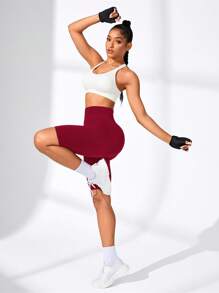 Easithlete 简约纯色高腰无缝运动短裤机车短裤女式收腹酒红色机车短裤高腰机车短裤收腹瑜伽短裤女式高腰运动短裤 - 酒紅色 - 查看 3