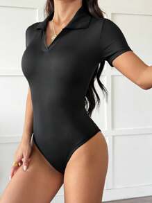 SHEIN Sports 女式简约纯色修身短袖连体衣，夏季 - 黑色 - 查看 3