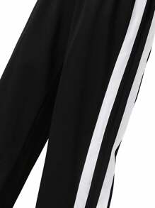 1 件青少年时尚简约百搭设计罗纹拼接腰带运动裤，适合秋冬日常休闲通勤穿着 - 黑色 - 查看 6