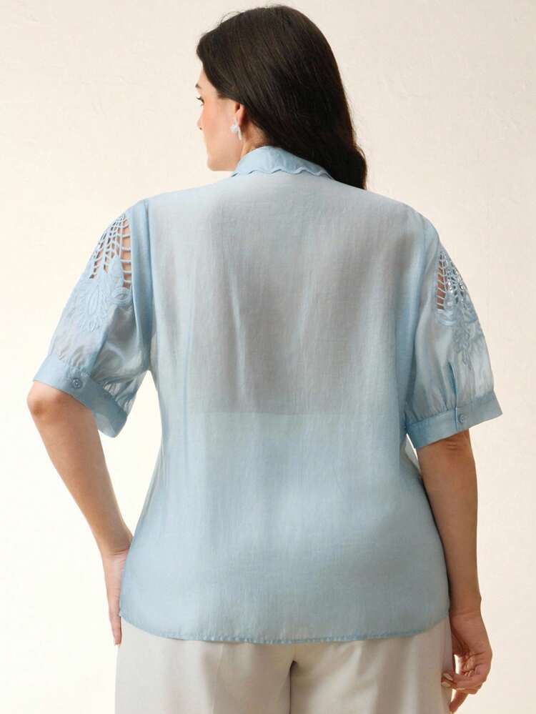 Elegant Summer Shoulder Hollow Out Embroidered Short Sleeve Blouse