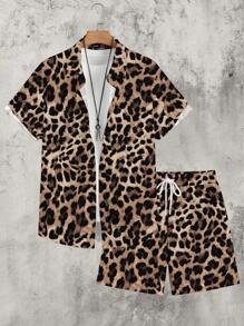 Manfinity RSRT Leopard Pattern Allover Print Wild Fashion Mature Casual Men's Polo Collar Short Sleeve Shirt And Shorts Set, Regular Size - Multicolor - View 1