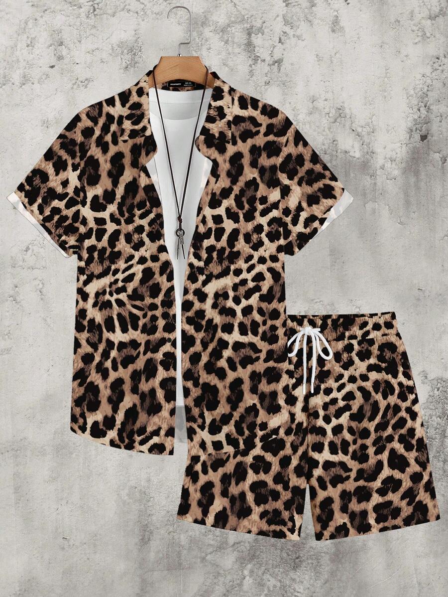 Manfinity RSRT Leopard Pattern Allover Print Wild Fashion Mature Casual Men's Polo Collar Short Sleeve Shirt And Shorts Set, Regular Size - Multicolor - View 1