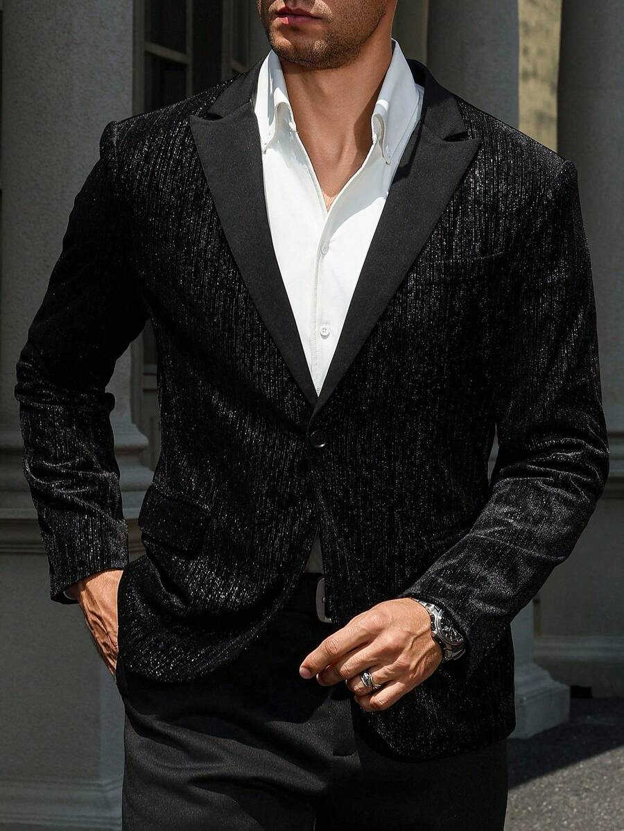 Manfinity AFTRDRK Men's Solid Color Gorgeous Party Stitching Front Buttoned Pocket Long Sleeve Casual Blazer - Black - View 1
