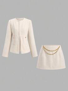 SHEIN Sweetro French Round Neck Tweed Jacket + Bodycon Mini Skirt Elegant Ladies Suit Set Fall Cloth For Women - Apricot - View 1