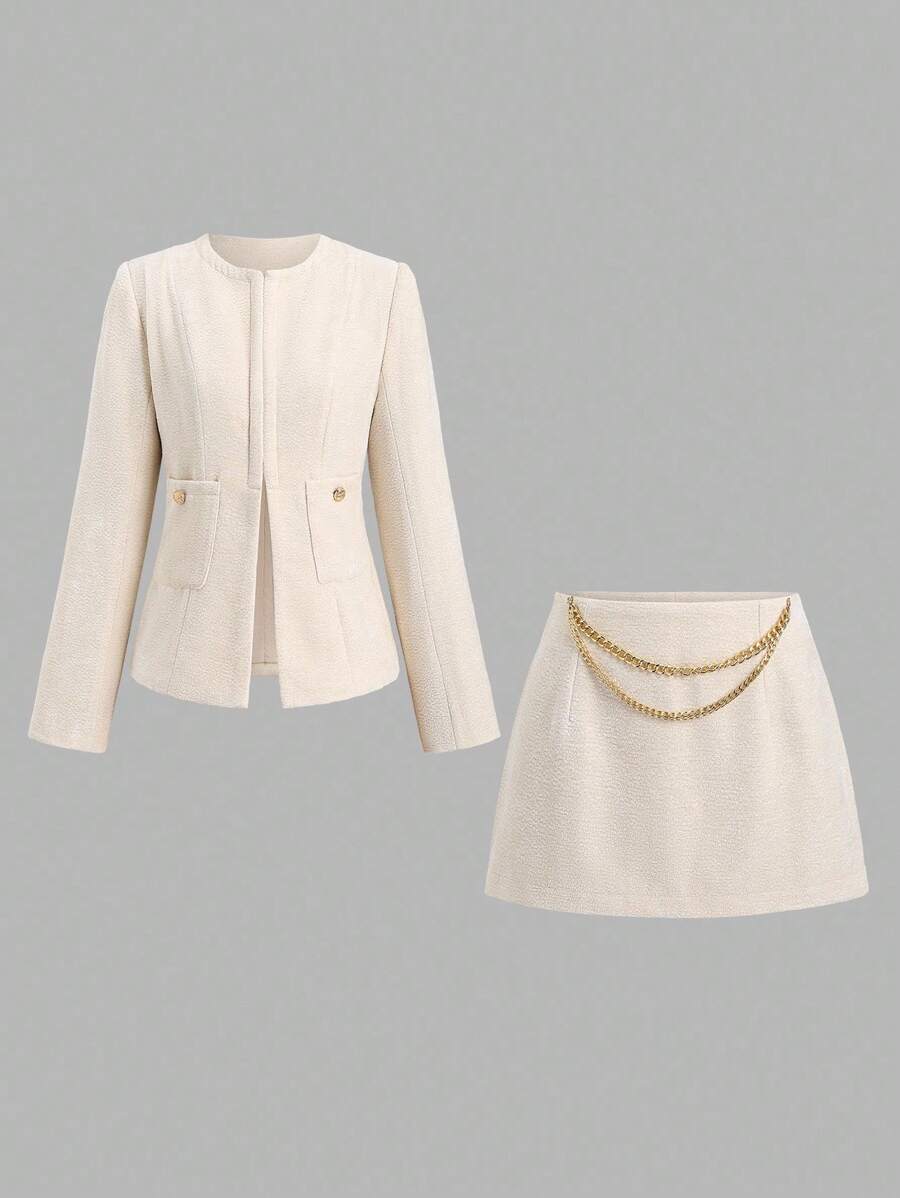 SHEIN Sweetro French Round Neck Tweed Jacket + Bodycon Mini Skirt Elegant Ladies Suit Set Fall Cloth For Women - Apricot - View 1