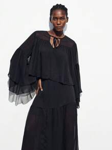Maija 女式纯色系带荷叶边喇叭袖宽松时尚上衣 - 黑色 - 查看 2