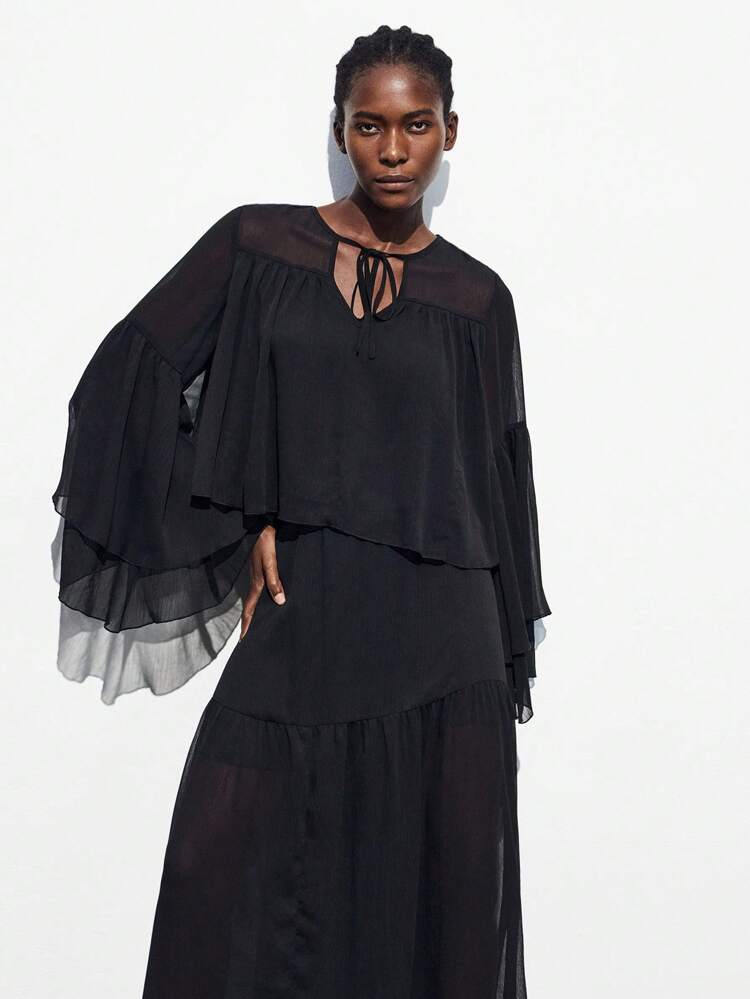 SHEIN Maija Women's Solid Color Tie Neck Ruffle Bell Sleeve Loose Fashion Top Black Sheer Top