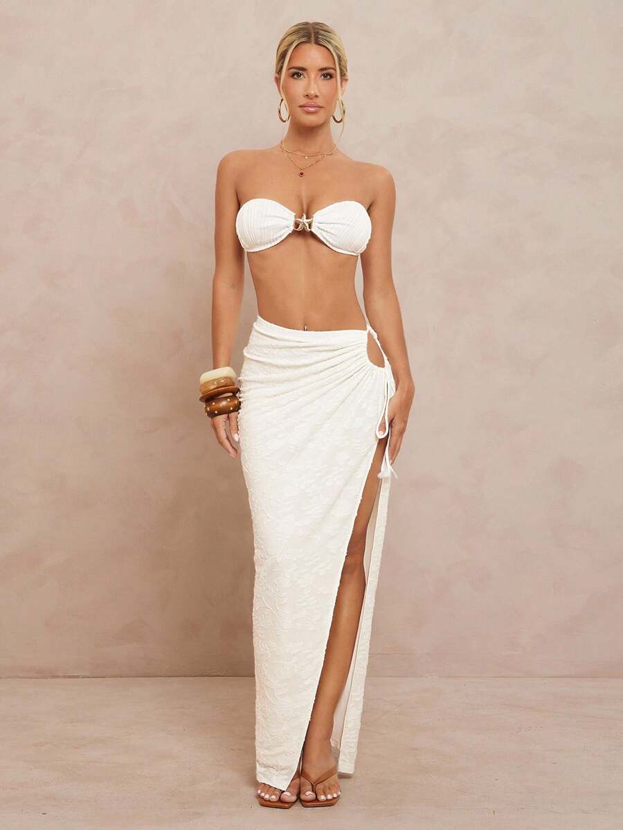 Lumalex 全白派对女装秋季适度老钱闪光假日派对郊游夏季泳衣游泳度假波西米亚风 BOHO 海滩热户外丰富层次婚礼季节宴会成年礼海滩海边女士单件荷叶边腰休闲裙沙滩裙度假女士开衩裙 - 杏色 - 查看 1