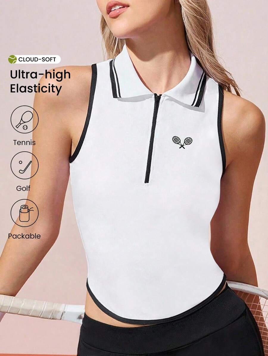 CourtClass 女式撞色边无袖运动 Polo 衫 - 白色 - 查看 1