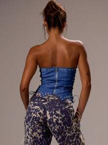 MUSERA 仿皮系带抹胸式镂空弧形下摆束身胸衣，适合音乐节、演唱会、锐舞派对、俱乐部、后台等场合，性感迷人，适合假日、秋季、春夏等各种场合。 - 藍色 - 查看 2