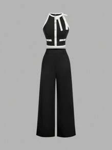 SHEIN MOD Bộ áo cánh cổ tròn không tay màu đen và trắng dành cho nữ có trang trí nút nơ và quần dài - Hoàn hảo cho phong cách quý tộc xưa, - Phong cách lấy cảm hứng từ, dạ hội, hẹn hò, tiệc tùng, ngày lễ - Đen và trắng - Xem 1