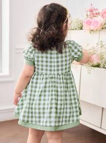 SHEIN Babygirl Cute Summer Vacation Green Plaid Pearl Button Short Sleeve Dress - Multicolor - View 2