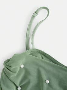 SHEIN Leap Crew Váy yếm đính hạt màu xanh lá cây hạnh nhân thanh lịch ngọt ngào cho bé gái tuổi mới lớn, thích hợp cho tiệc mùa thu và Giáng sinh - Màu xanh Bạc hà - Xem 6