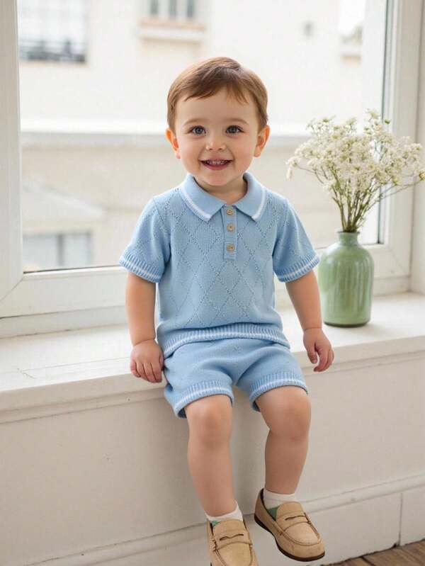 Souflis Souflis 2pcs Toddler Diamond Pattern Knit Shirt And Shorts Set, Minimalist Gentleman Style Casual Wear Cotton Baby Boy Clothing Boy Baby Clothes Baby Boys Sets Baby Boy Dress Clothes Cotton Baby Boy Clothes Baby Boy Clothes Cotton,Kids Cotton Sweater,Baby Boys Cotton Sweater,Baby Boys Cotton Knitwear,Baby Boys Cotton Clothes