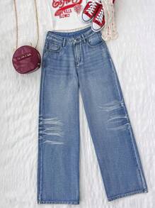 Attitoon Women Simple Casual Denim Jeans,Going Out,2000s Style,Y2k,Baggy Pants,Low Rise Jeans,Wide Leg Pants Woman,Airport,Baggy Jeans Women, Back To School - Medium Wash - View 1