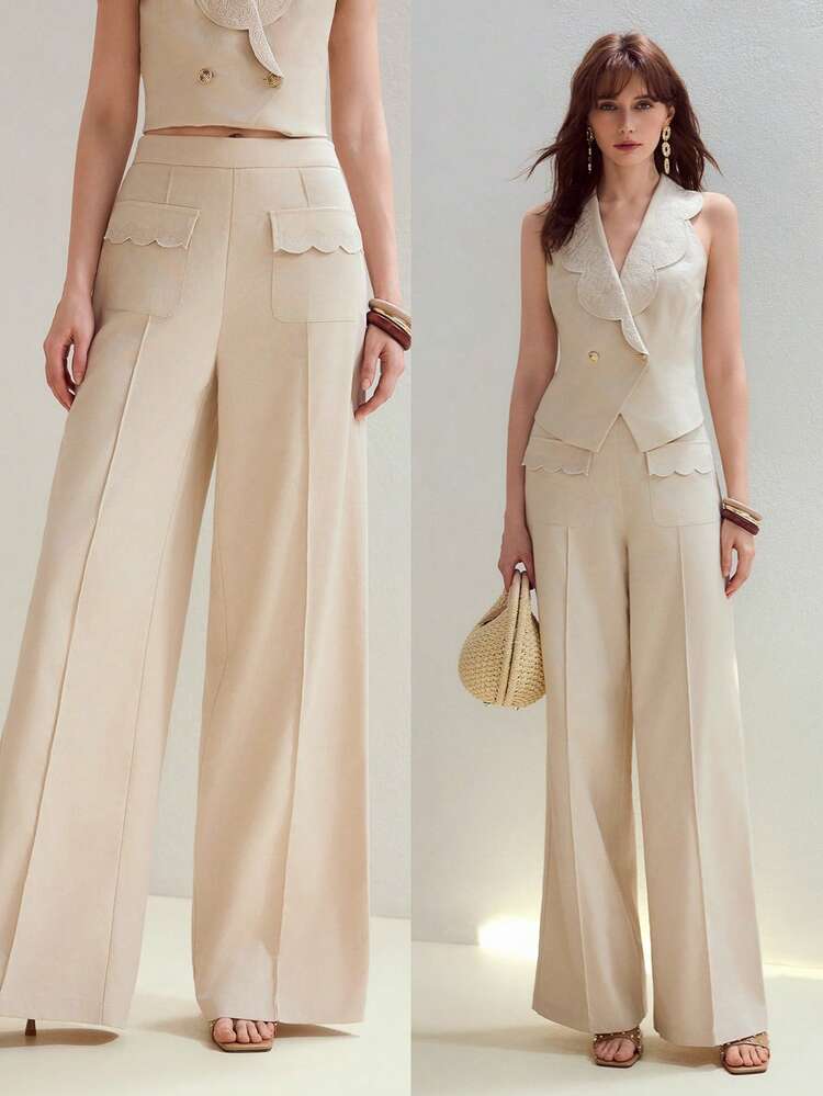 MOTF STUDIO LEINEN BESTICKTE LÄSSIGE WEITE HOSE, FÜR DEN TÄGLICHEN UND URLAUBSGEBRAUCH