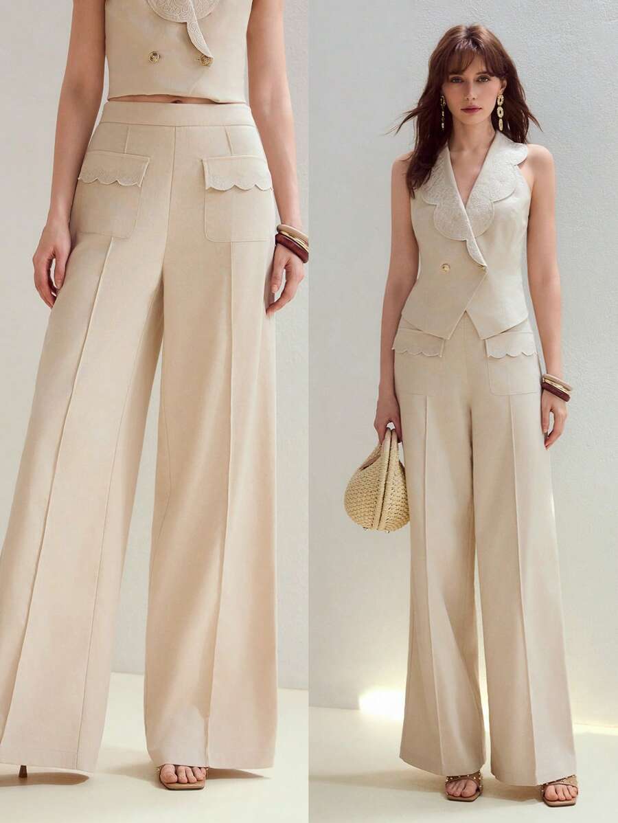 MOTF STUDIO QUẦN ỐNG RỘNG THƯỜNG XUYÊN BẰNG VẢI LANH THÊU, ĐỂ MẶC HÀNG NGÀY VÀ NGÀY LỄ - Màu be - Xem 1