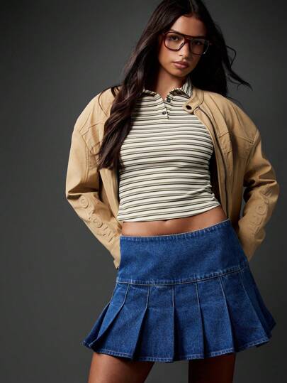 MISSGUIDED High Waisted Denim Mini Skirt Y2K Style Tennis Pleated Flare A Line Summer Spring Casual Skater School Girl Skirt