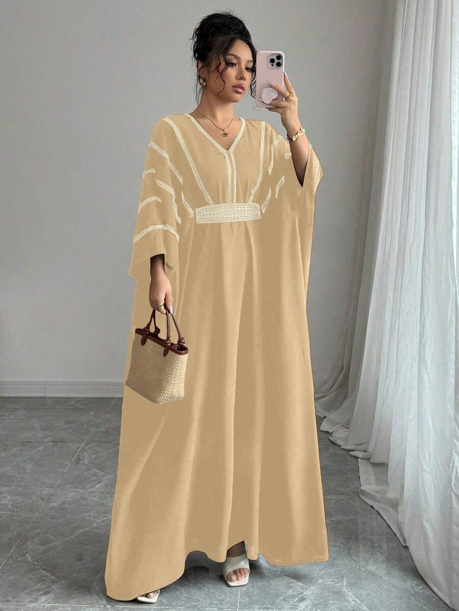 Rafferiza V-Neck Gold Lace Waist Dress - Khaki - View 1