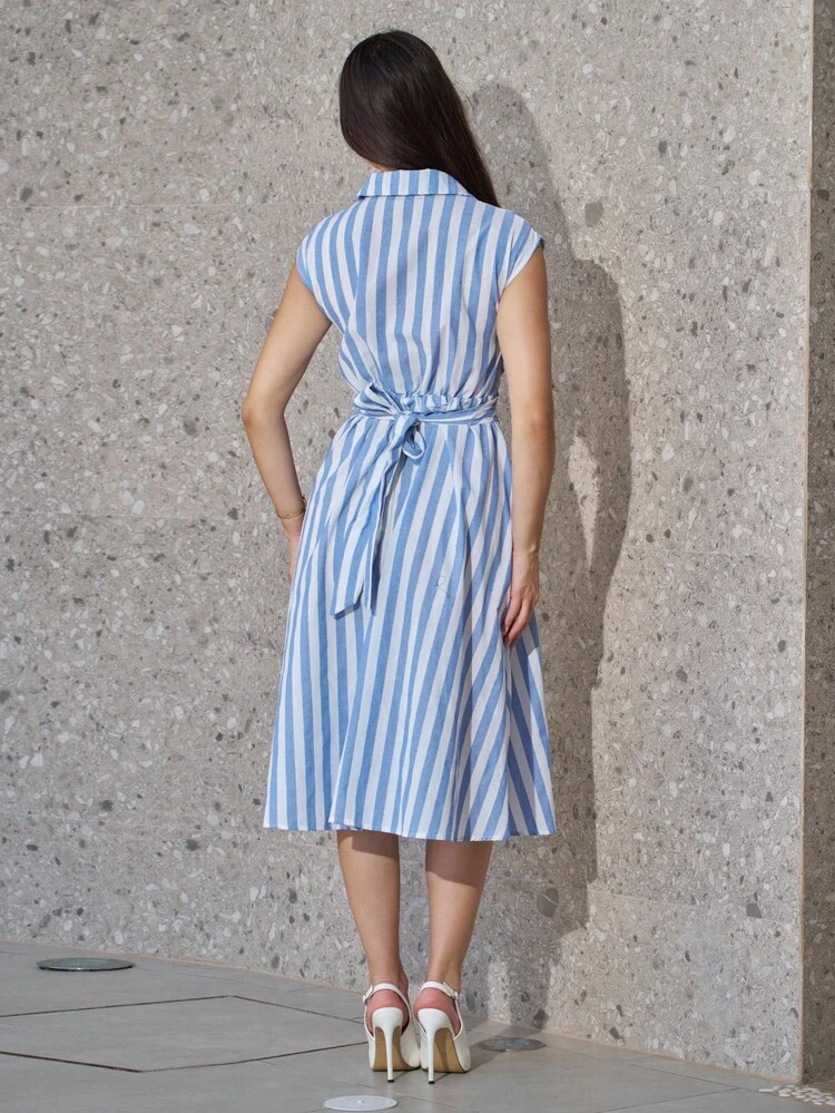 Andrea Bello Vestido de verano informal para mujeres con cintura ajustable y bloques de color a rayas - Multicolor - Añade 2