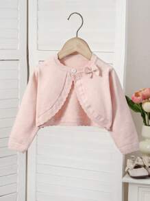 Souflis Souflis Baby Girls Knitted Cardigans, Long Sleeve, Comfy, Elegant Plain Color Bow Design Short Shawl Outerwear, Fashionable, Cute, Chic, Versatile, Suitable For Spring/Autumn, Indoor, Outdoor, Vacation - Pink - View 3