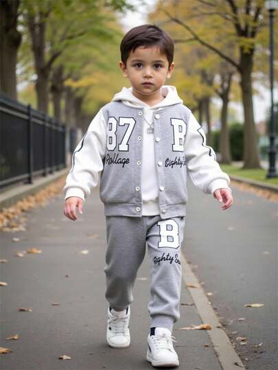 SHEIN 1 套年轻男孩休闲彩色块字母印花夹克长袖外套和运动裤，适合日常穿着、上学、运动、郊游、秋冬返校季