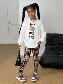 SHEIN Tween Girls' Casual Graphic Print Knit Crew Neck Long Sleeve Hoodie Sweatshirt And Geometric Pattern Leggings 2-Piece Set Tween Outfits Baddie Outfits For Tweens Girls Outfits 12 Year Old Outfits Teen Girl Outfits - Multicolor - View 3