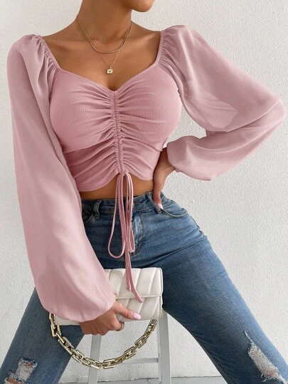 SHEIN Allurite Calvaya Women's Casual Solid Color Lantern Sleeve Drawstring Cropped Top Ruched Top Sheer Long Sleeve Crop Top,Women Clothes,Fall Clothes,Autumn Clothes,Cute Tops Women,Airport For Women,Travel Airport,Airport,Airport Women. Cinched Waist Top Tie Up Top
