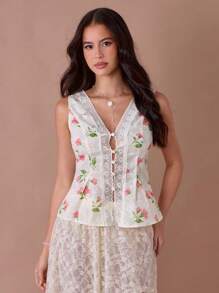 Enchnt 夏季浪漫女式杏色花卉图案撞色蕾丝 V 领单扣无袖时尚上衣，休闲舒适，适合生日、节日派对、甜蜜约会、日常通勤和度假，夏季百搭，音乐会女装 - 白色 - 查看 3