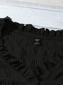 Linhara Plus Size Women's Solid Color Textured Fabric V-Neck Ruffle Trim Puff Sleeve Fitted Casual Regular Blouse - Black - View 4