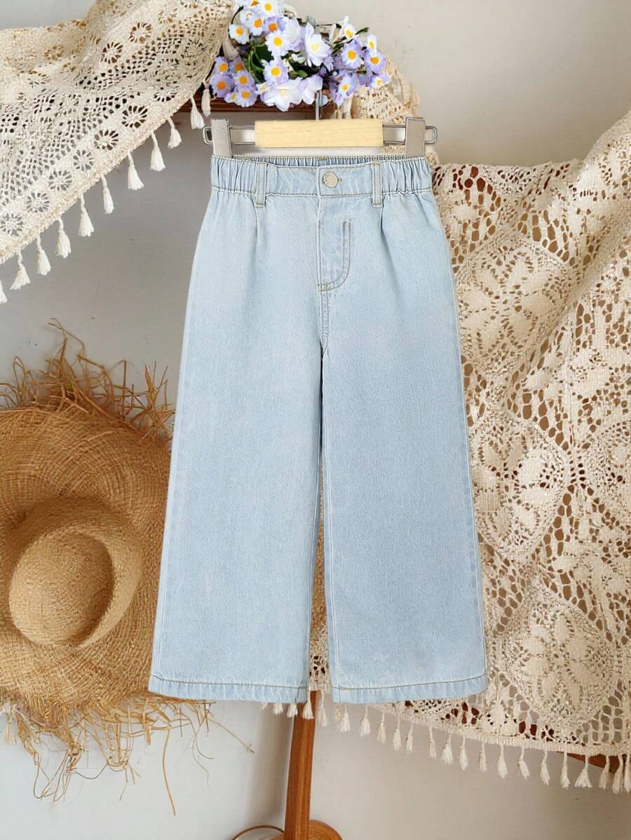 SHEIN Vintaside Kids Young Girl Loose And Lightweight Casual Denim Pants For Vacation Summer Holiday - Light Wash - View 1