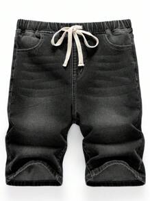 SHEIN 青少年男童抽绳腰带口袋宽松休闲牛仔短裤 男童松紧腰牛仔短裤 青少年男童牛仔短裤