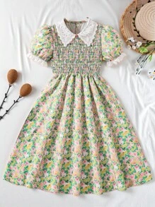 SHEIN Vintaside Kids Tween 女孩度假休闲碎花泡泡袖娃娃裙