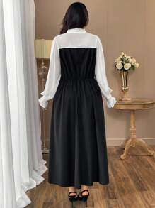 Auvina Plus Size Women Elegant High Neck Black & White Contrast Waist-Cinched Long Sleeve Ruffle Cuff A-Line Office/Date Dress