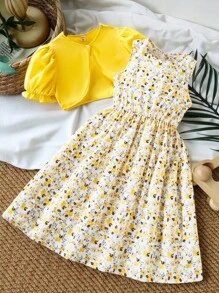 SHEIN Vintaside Kids Tween Girl Ditsy Floral Sleeveless Waist-Cinched Vacation Dress And Solid Color Bubble Sleeve Cardigan 2pcs/Set - Multicolor - View 9